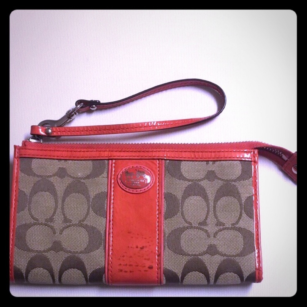 Coach Wristlet Wallet Brown Signature with Orange Patent Leather Trim
